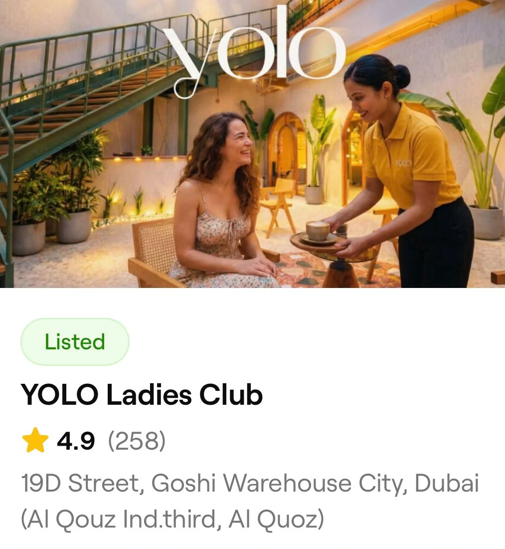 Fresha profile screenshot for YOLO Ladies Club: 4.9 stars, 258 reviews, Al Quoz, Dubai