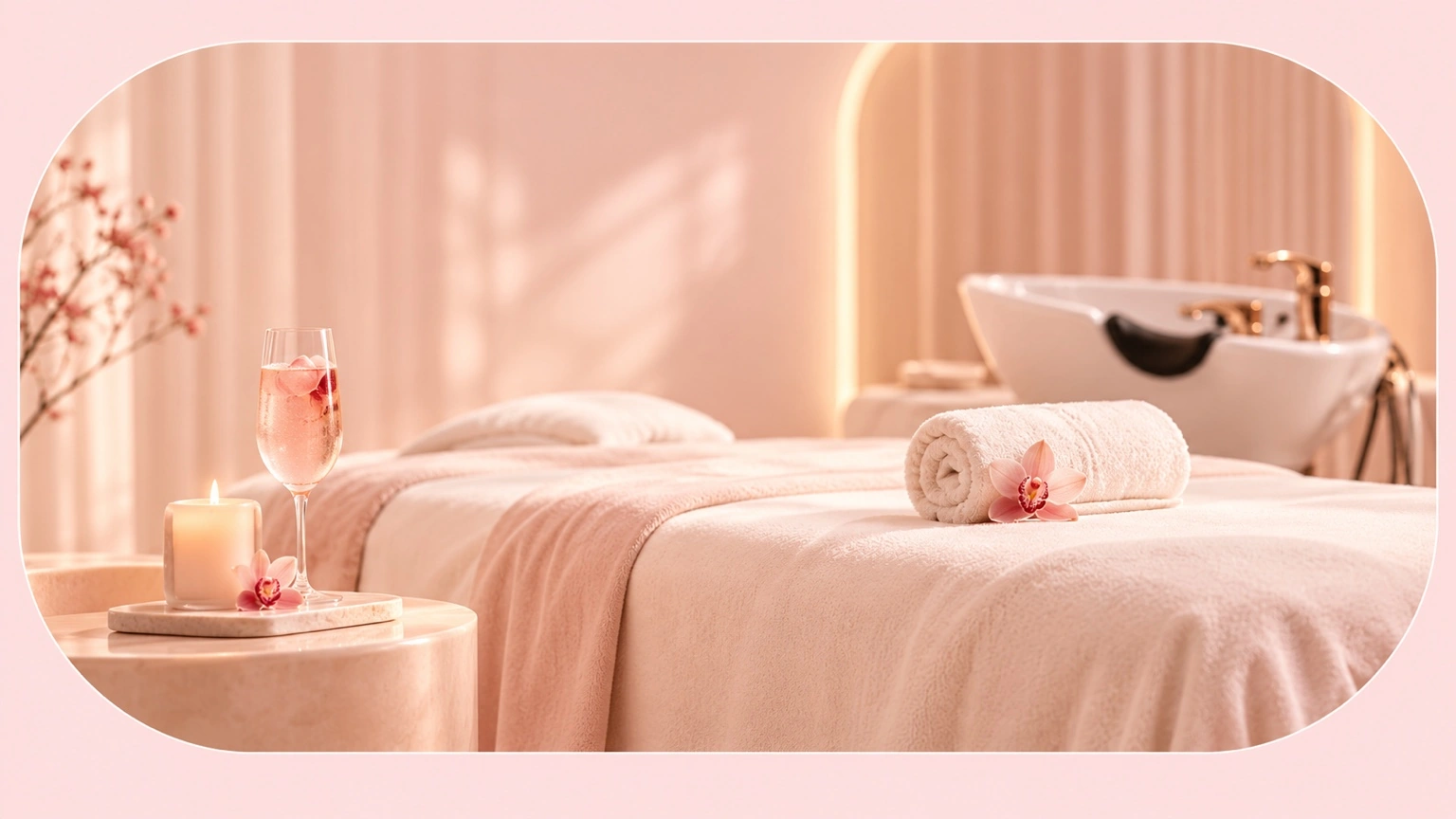 Soft pink Korean Head Spa treatment room with relaxation bed and orchid
