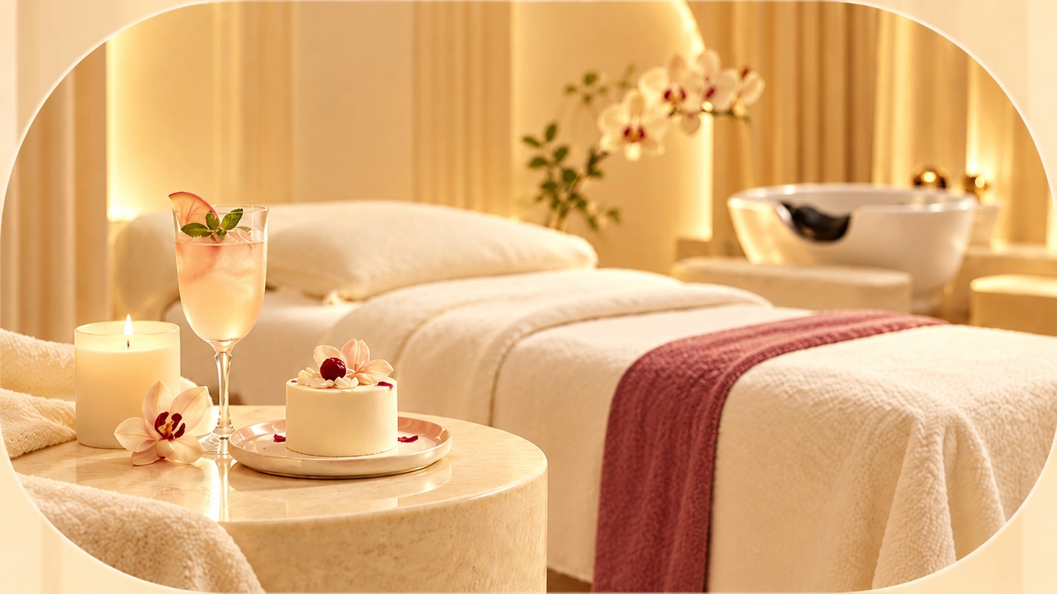 Warm luxury spa scene with candle, welcome drink and personalised dessert